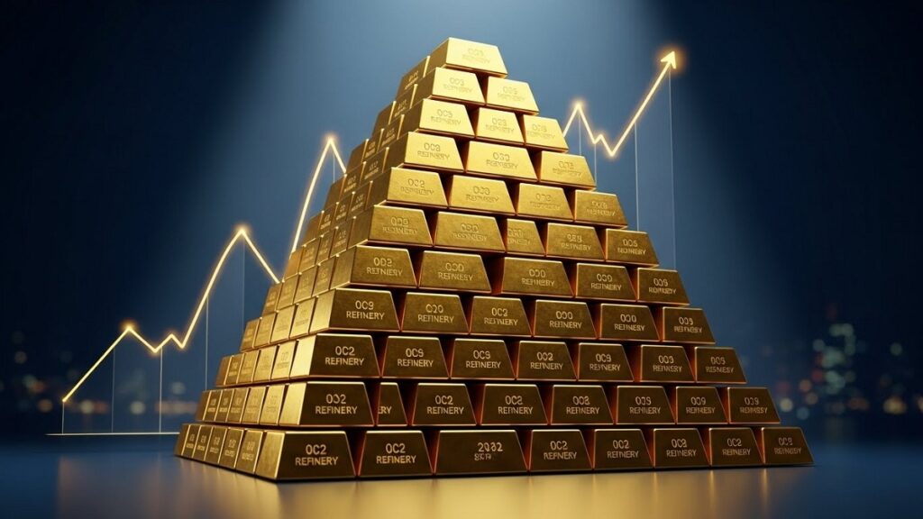 世界的な価格高騰を象徴する、整然と積み上げられた純金のインゴット