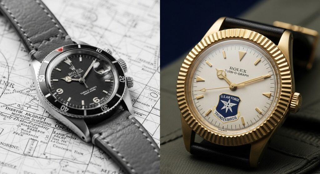 ヴィンテージのロレックス ターンオーグラフ Ref.6202と、アメリカ空軍サンダーバーズのエンブレムがデザインされたRef.6609のアーカイブ写真