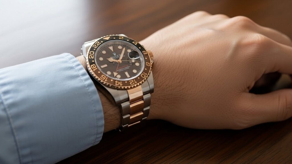 日本人男性の腕に装着されたロレックス GMTマスターII Ref.126711CHNR