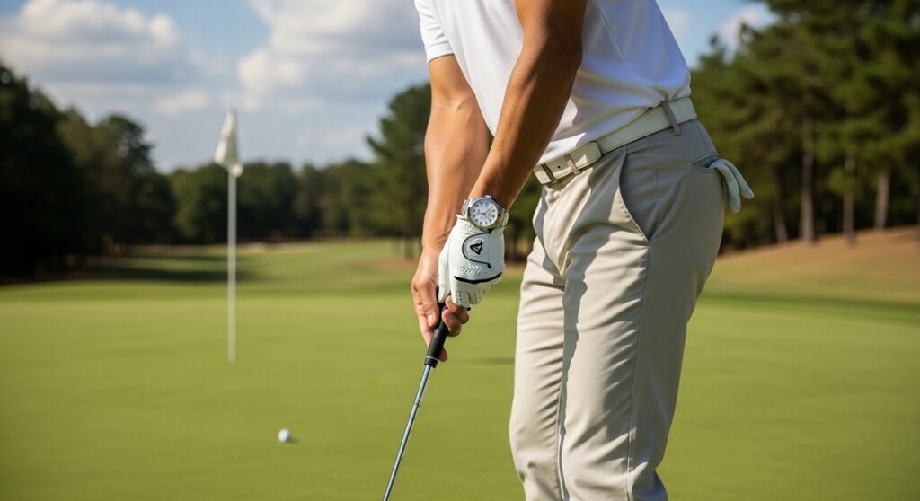 ゴルフウェアを着た日本人男性が、ゴルフ場でロレックス エクスプローラーII Ref.216570 白文字盤を着用している