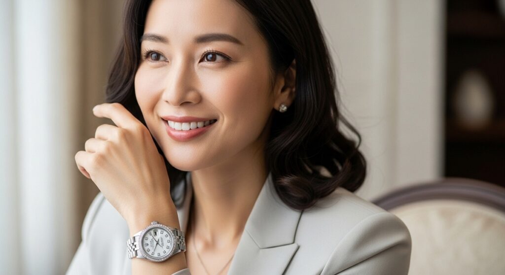 ロレックスのデイトジャスト10ポイントダイヤを腕に着用し、満足そうな表情を浮かべる日本人女性のイメージ