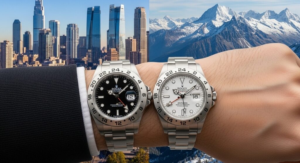 ロレックス エクスプローラーII Ref.16570 黒文字盤とRef.216570 白文字盤が並んでいる様子
