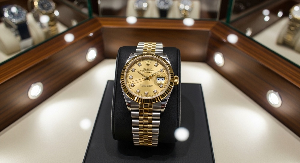 高級時計店のショーケースに並ぶ、ゴールドとステンレスコンビのロレックス・デイトジャスト10Pレディースモデル