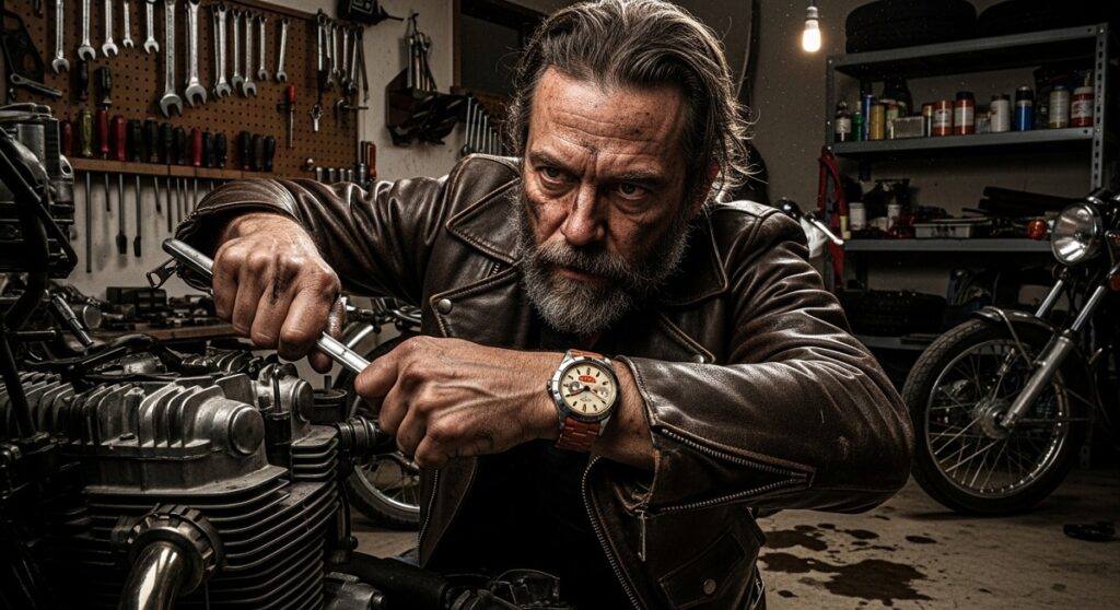 ヴィンテージのロレックス エクスプローラーII Ref.1655（フレッチョーネ）を着用した、ワイルドな雰囲気の男性