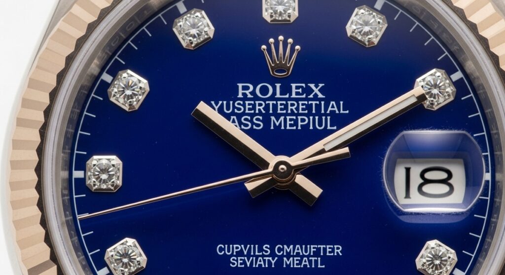 鮮やかなラピスラズリ文字盤に10粒のダイヤモンドが配されたロレックスのクローズアップ