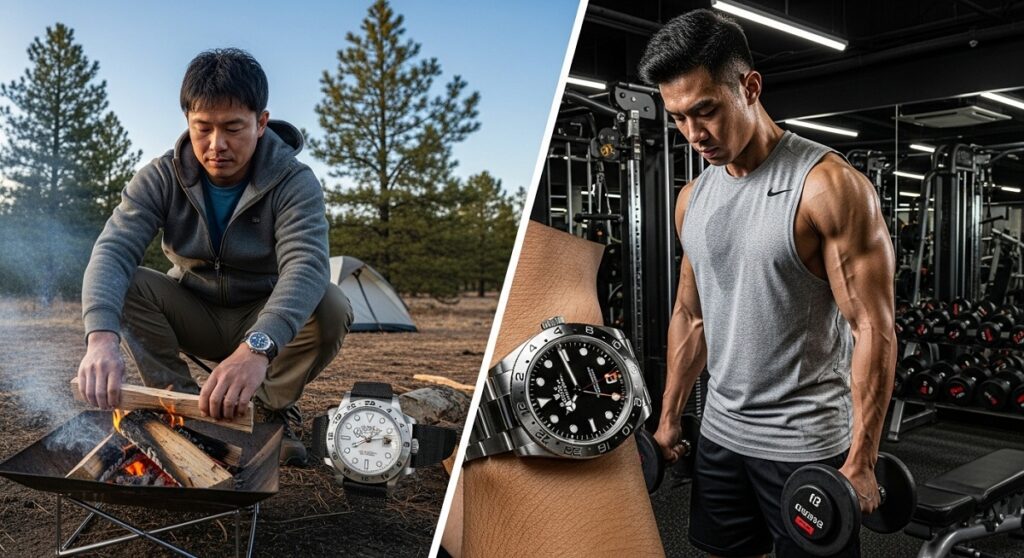 アウトドアウェアを着た日本人男性が、キャンプ場でロレックス エクスプローラーII Ref.216570 白文字盤を着用している。彼は焚き火の準備をしており、アクティブなライフスタイルを楽しんでいる様子。もう一人の筋肉質な日本人男性がトレーニングウェアでRef.16570黒文字盤を着用し、ジムでトレーニングしている様子