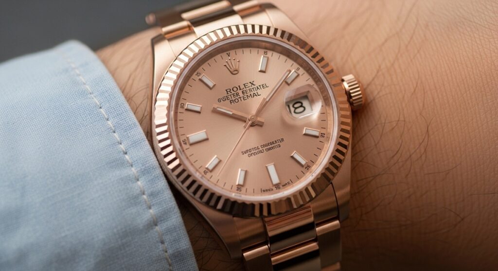 日本人の肌に馴染むエバーローズゴールドのロレックスを着用した手元のアップ