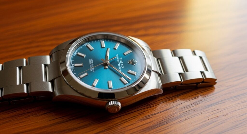 ターコイズブルー文字盤のロレックス オイスターパーペチュアル 124300が、高級感のある木製テーブルの上に置かれている様子