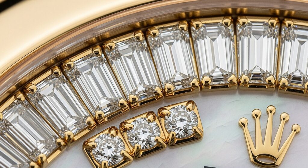 ロレックスの文字盤上のダイヤモンドインデックスを拡大した、精緻なセッティングの様子