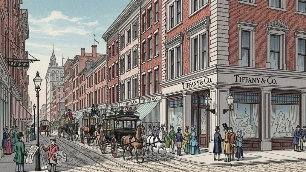 19世紀のニューヨークの街並みと当時のティファニー店舗のイラスト