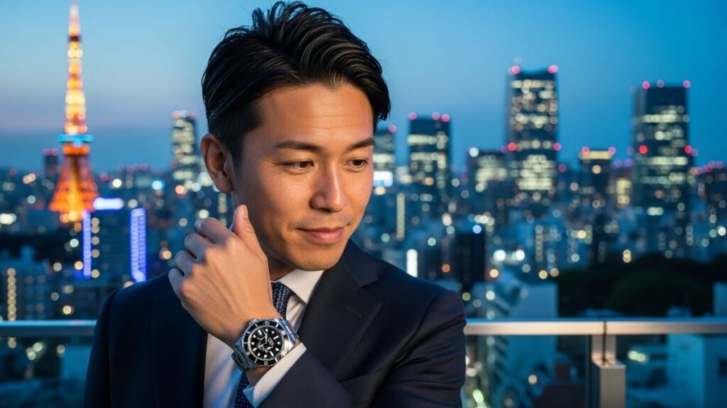日本人男性が東京の洗練された街並みを背景に、愛用するロレックスの腕時計を大切そうに眺めている様子