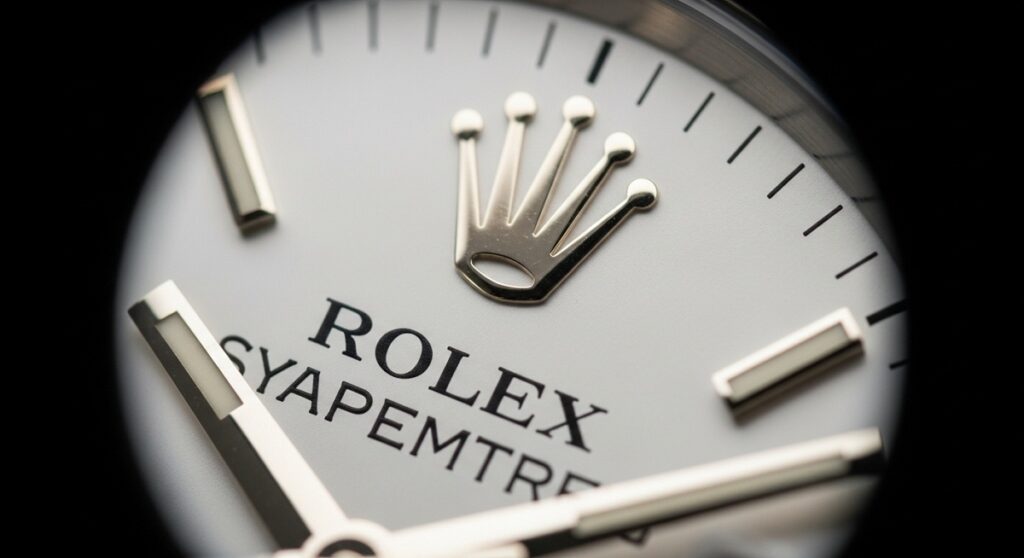 ルーペを通して拡大された、ロレックス文字盤上の12時位置にある王冠マーク