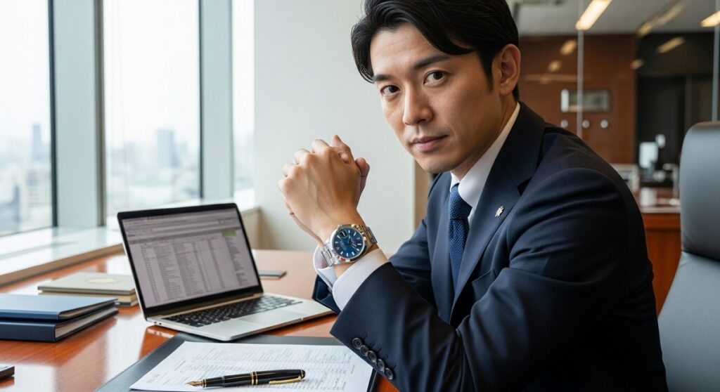 新しく手に入れた高級腕時計を嬉しそうに眺める、幸せそうな表情の日本人男性