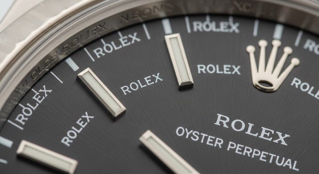 ロレックス オイスターパーペチュアルの文字盤外周にあるリホート刻印（ルーレット刻印）のクローズアップ