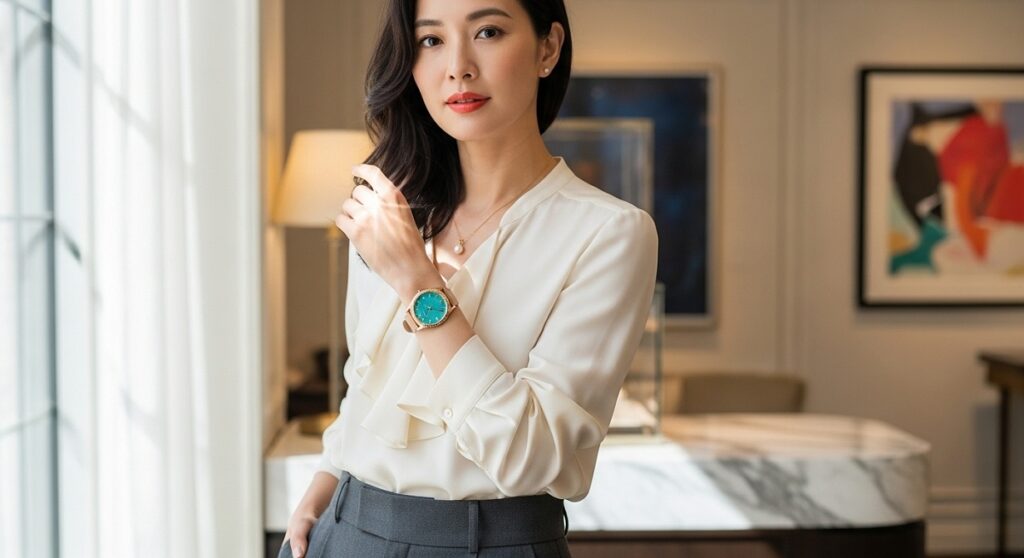 ターコイズブルーの文字盤を備えたロレックスを着用し、エレガントな服を着た日本人女性。