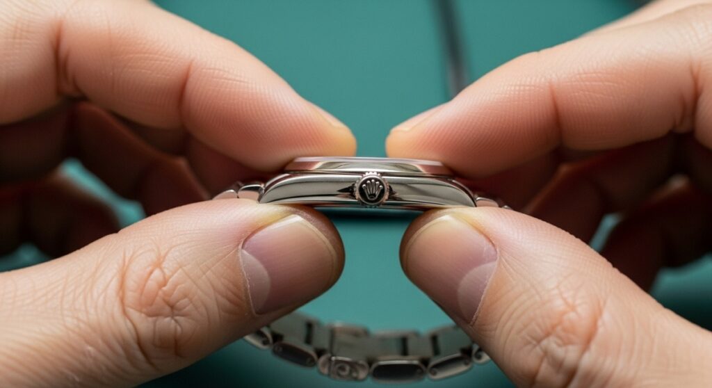 日本人の専門家がロレックス オイスターパーペチュアルのリューズを指先で慎重に回し、操作感を確認している手元のクローズアップ写真