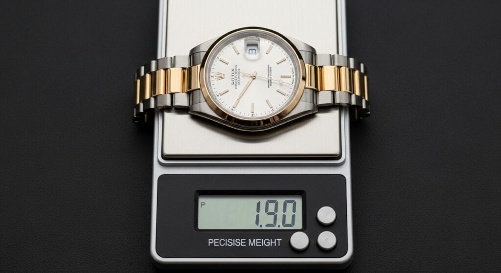 精密なデジタルスケールの上にロレックス オイスターパーペチュアルが置かれ、その重量が測定されている様子