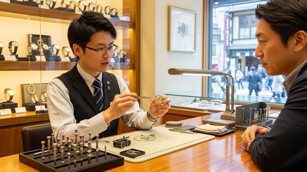 東京の清潔感のある時計修理店のカウンターで、日本人の店員が顧客に時計の状態を丁寧に説明している対面診断のシーン