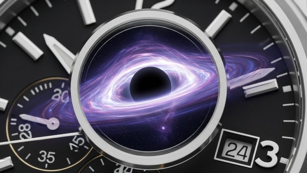 無反射コーティングにより反射が抑えられ、日付がクリアに浮かび上がるブラックホール効果のクローズアップ