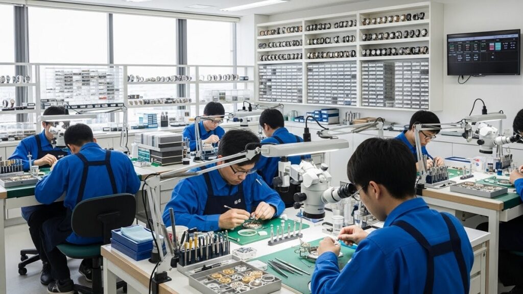多数の日本人技術者が効率的に作業を進める、整理整頓された近現代的な時計修理工房の風景