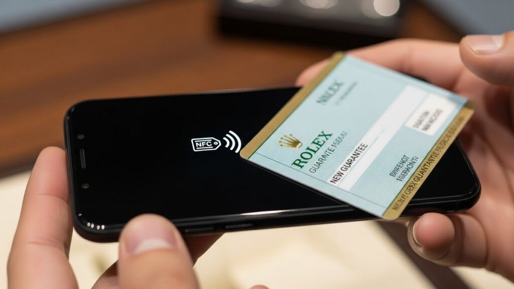 最新のロレックス・ギャランティカードと、真贋確認のためにスマートフォンをかざしている様子