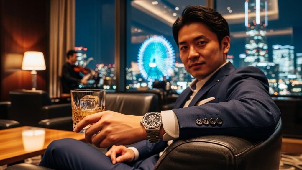 自分の腕に輝く新しい時計を見つめ、満足そうな表情を浮かべるスタイリッシュな日本人男性