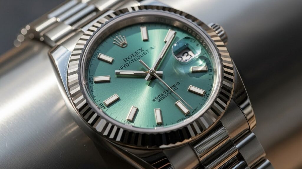 入手困難なロレックス デイトジャスト41のミントグリーン文字盤、フルーテッドベゼル、ジュビリーブレス仕様のクローズアップ写真