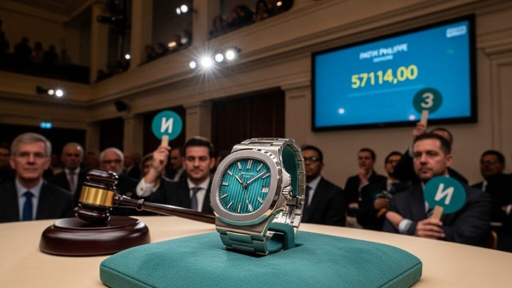 オークション会場でパテックフィリップ ノーチラス ティファニーが競売にかけられている様子