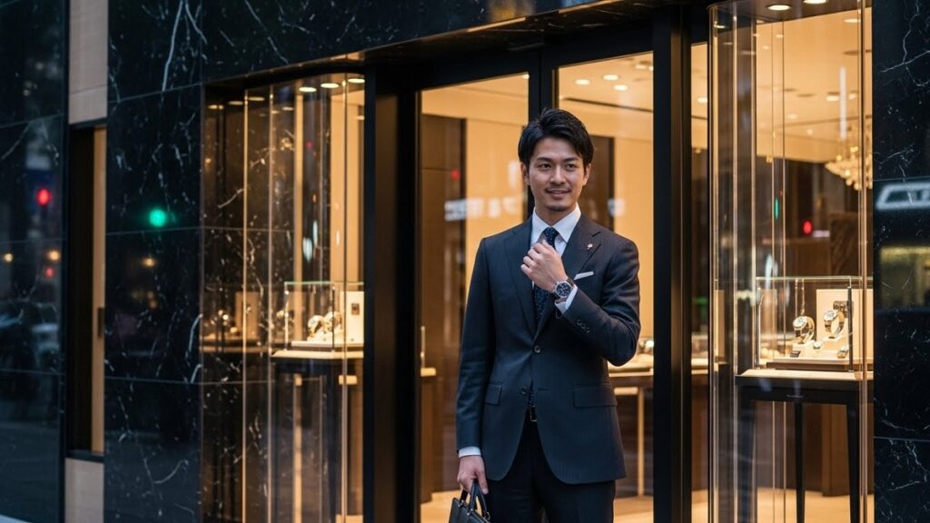 ロレックス正規店の前に立ち、期待に胸を膨らませるスマートカジュアルな日本人男性