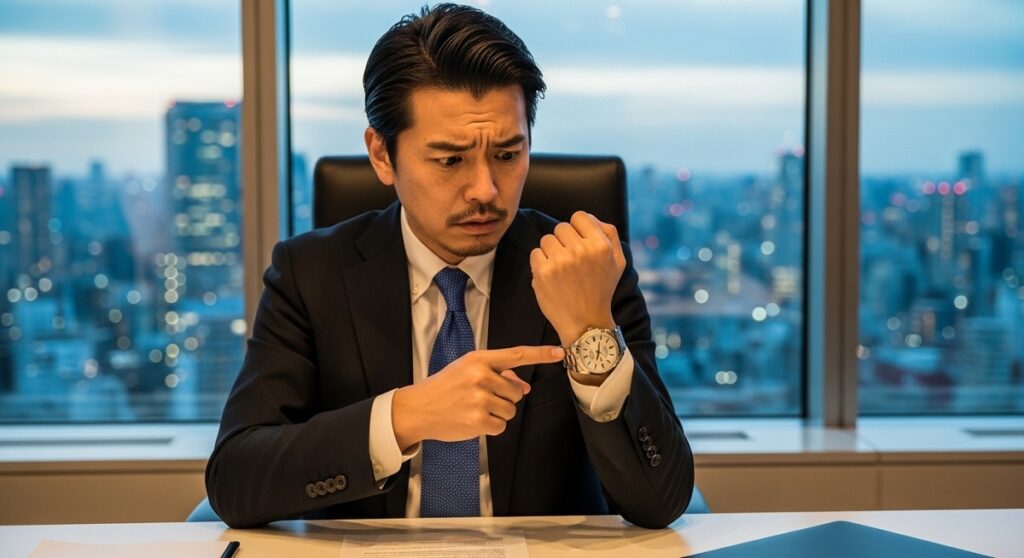 止まったロレックスの腕時計を不安そうに見つめる日本人のビジネスマン