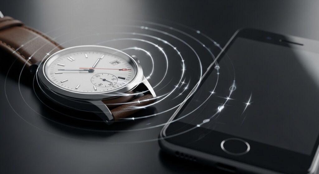 スマートフォンの隣に置かれた腕時計と、目に見えない磁気の影響を表現したイメージ