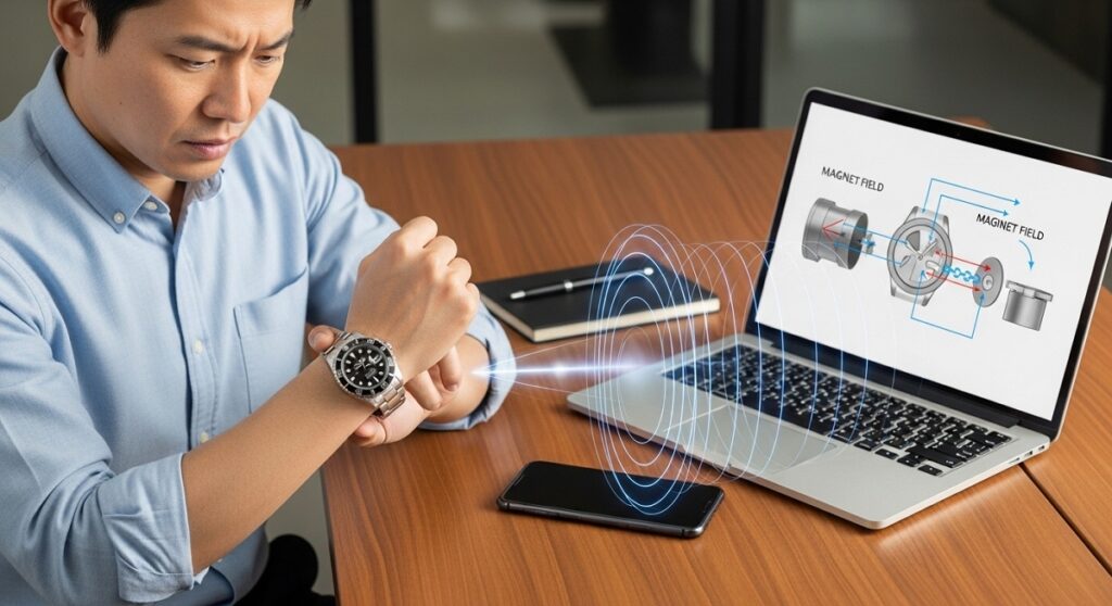 スマートフォンやノートパソコンが置かれたデスクで、自分のロレックスの時計を気にする日本人男性の様子