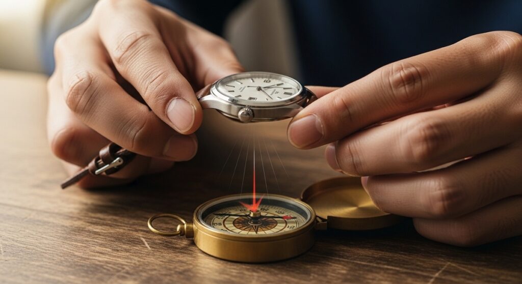 木製のテーブルの上で方位磁石に腕時計を近づけて磁気帯びを確認する日本人の手元