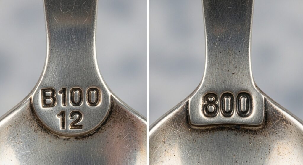 スプーンリングの裏面にある「B100 12」と「800」の刻印を拡大した比較写真