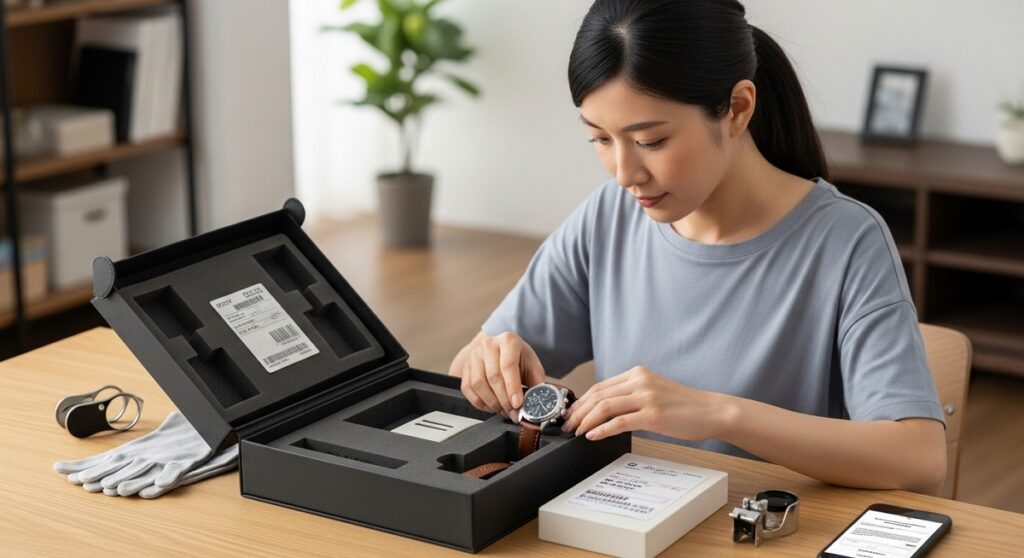 自宅で高級腕時計を配送修理用キットに丁寧に梱包する日本人の女性