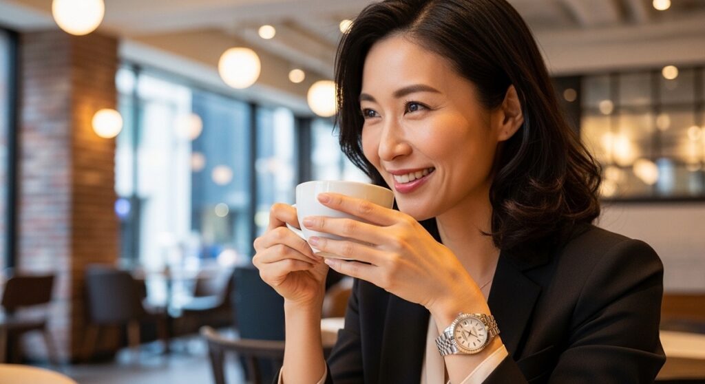 都会の洗練されたカフェで、手元にロレックスのデイトジャストを着けた日本人女性が微笑みながらコーヒーを飲んでいる様子