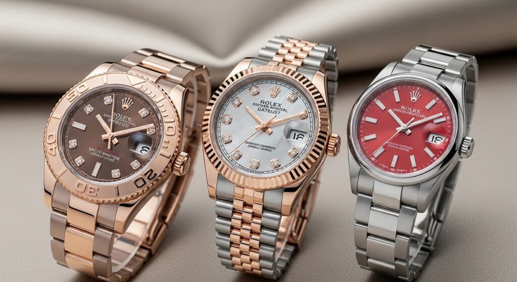 ロレックスのレディース人気モデル、デイトジャスト、ヨットマスター、オイスターパーペチュアルが並べられた高品質な商品写真