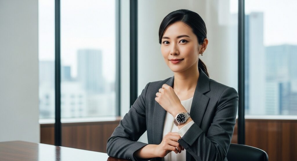 モダンなオフィスで、自信に満ちた表情で仕事をする日本人キャリアウーマン。ジャケットの袖口からロレックスが見えている