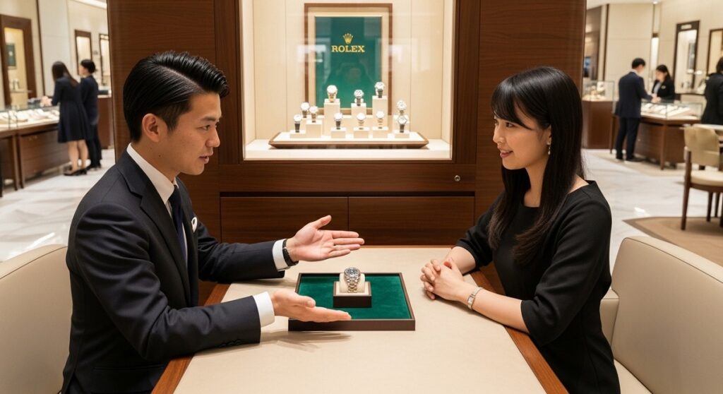 高級感のあるロレックス正規販売店のブースで、落ち着いた雰囲気の販売スタッフと顧客の日本人女性が対面で会話をしている様子