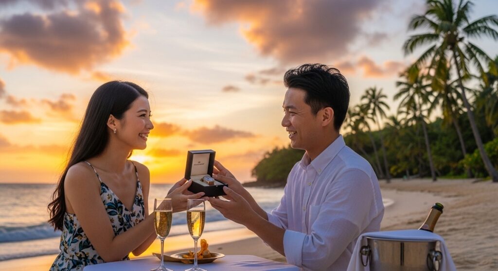 グアムの夕日を眺めながら記念日を祝う日本人夫婦と時計のギフトボックス