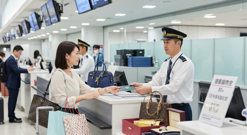 日本の空港税関カウンターで適切に申告手続きを行う日本人旅行者