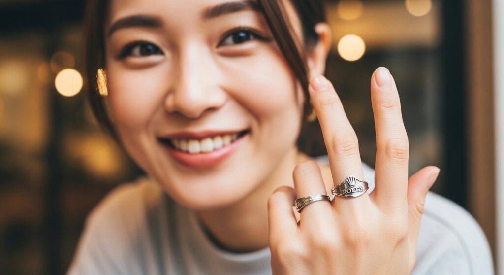 日本人女性がロレックスのスプーンリングを指にはめ、満足げに微笑んでいるライフスタイル写真