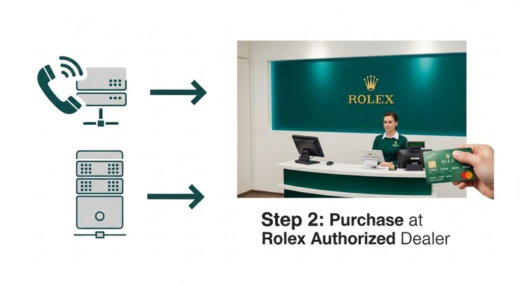 高額決済時のセキュリティロックを防ぐため、ロレックス正規店に行く前にカード会社へ事前連絡を入れるフローを説明した図