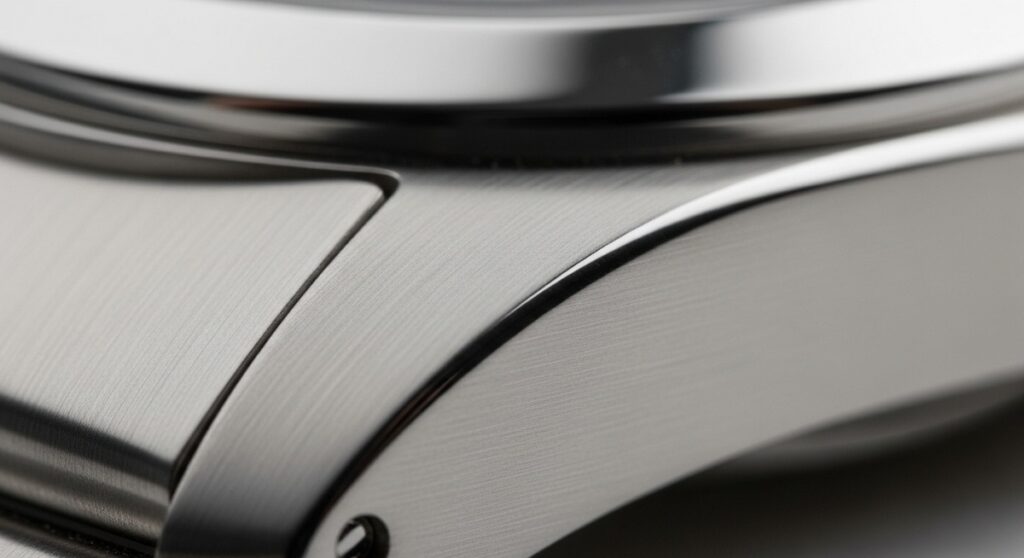 最高級の904Lスチールが放つ特有の光沢と、精密な加工技術を強調した腕時計のケース部分の接写