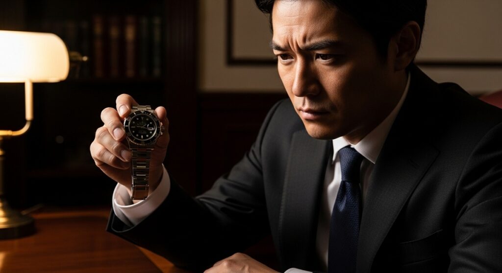 高級腕時計ロレックスを手に取り、売却すべきか真剣な表情で悩む日本人男性