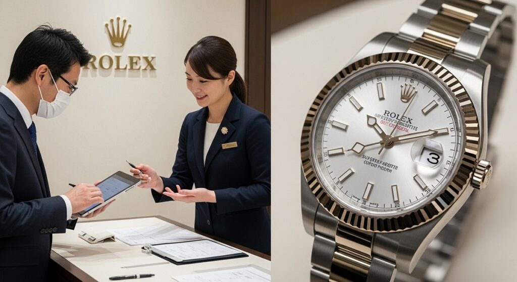 日本のロレックス正規販売店で、顧客が店員と対面し、タブレット端末を使って顧客情報の登録や確認を行っている様子