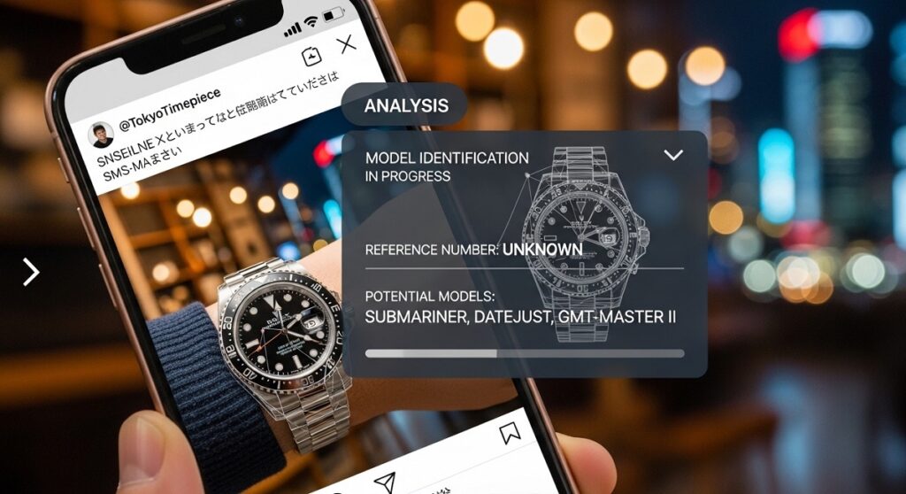 スマートフォンの画面に、日本人が自分のロレックスを着用して撮影したSNSの投稿が表示されている