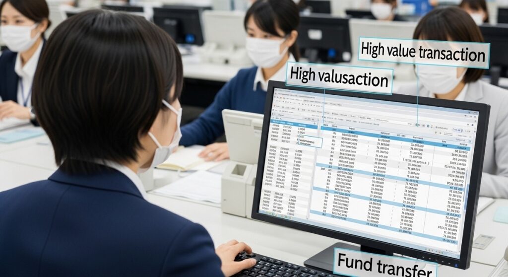 日本の税務署のオフィスで、税務職員がパソコンの画面を見ながら、銀行口座の入出金記録や支払調書のデータを確認している様子