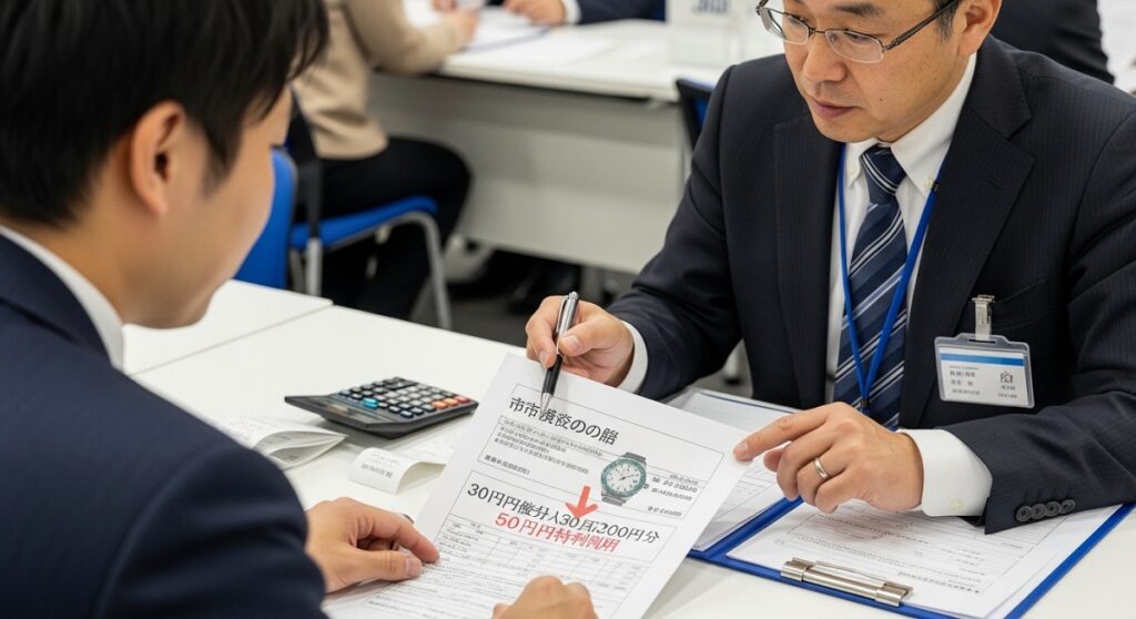 日本の確定申告会場で、相談者が税理士にロレックスの売却益について相談している様子