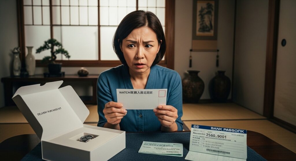 日本の家庭のリビングで、郵便受けから取り出した「時計買取完了のお知らせ」というハガキや、銀行の通帳の入金欄を、家族（配偶者など）が怪訝な表情で見ている様子